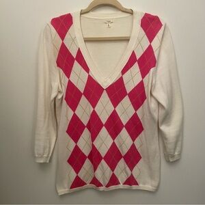 J Crew Medium White & Pink Argyle V Neck Sweater Size Medium